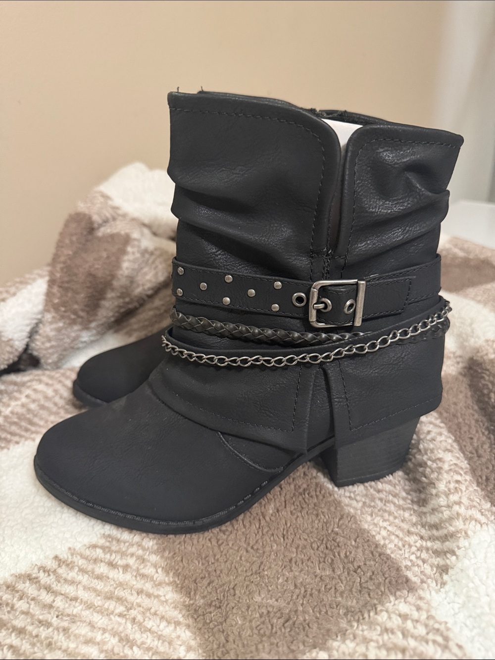 Jellypop Black Stud, Buckle & Chain Mid-Calf Heeled Boots